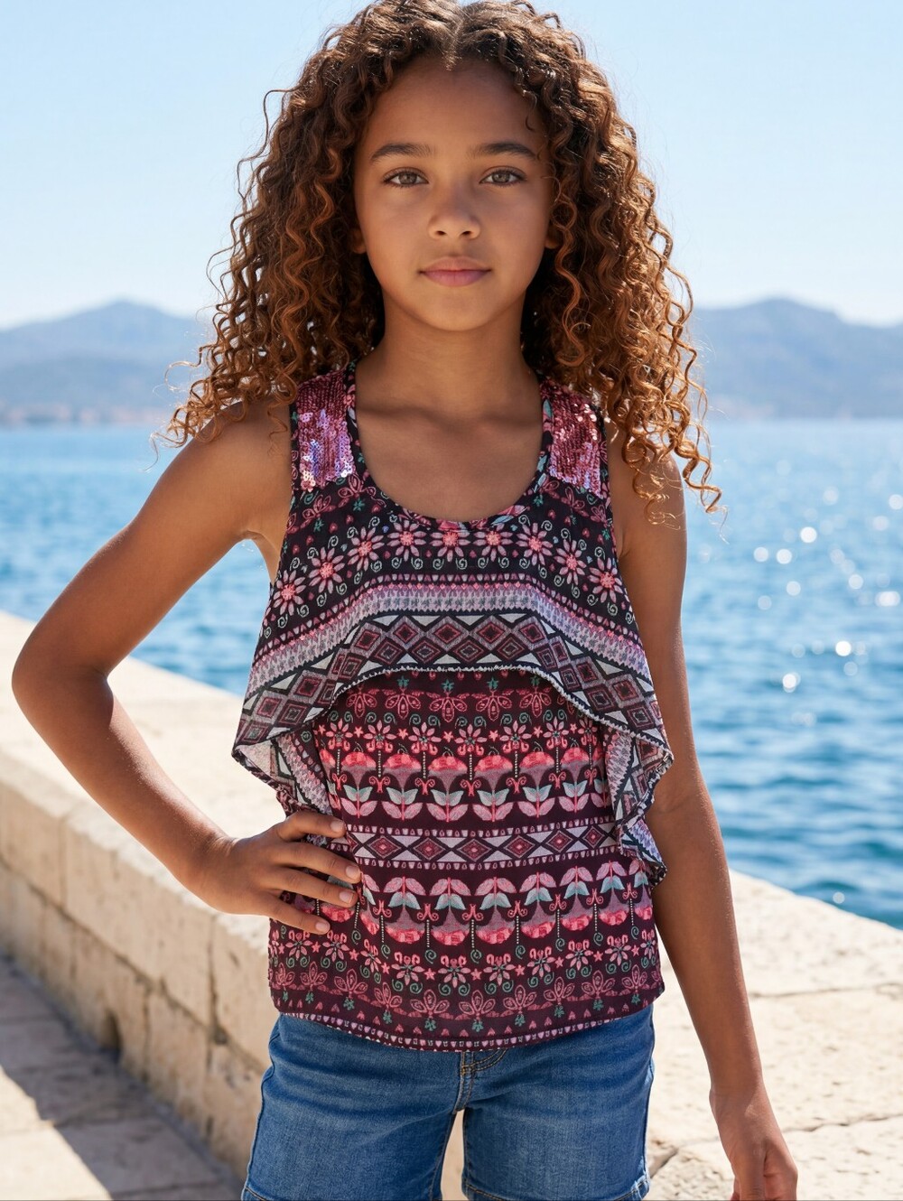 Girls Boho Floral Chiffon Tank Top L 10/12 Sequin Layered Racerback Blouse